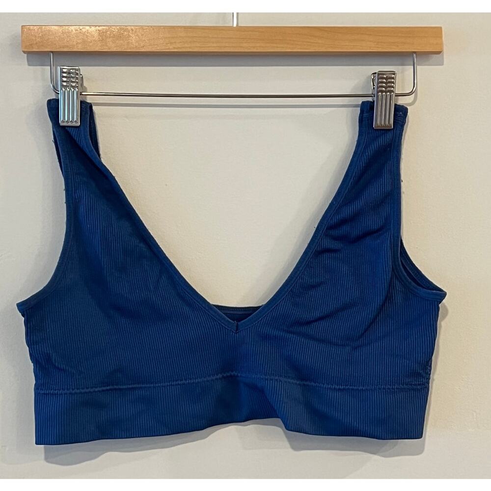 Shein Women's Blue Ribbed V-Neck Bralette Sports Bra Casual Athletic Wear Large